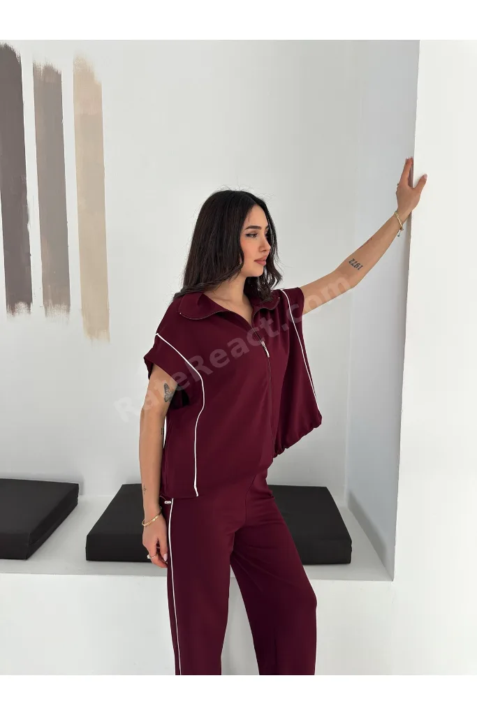 Kadın Modal Kumaş Garnili Sıfır Kol Dik Yaka Oversize Eşofman Takımı