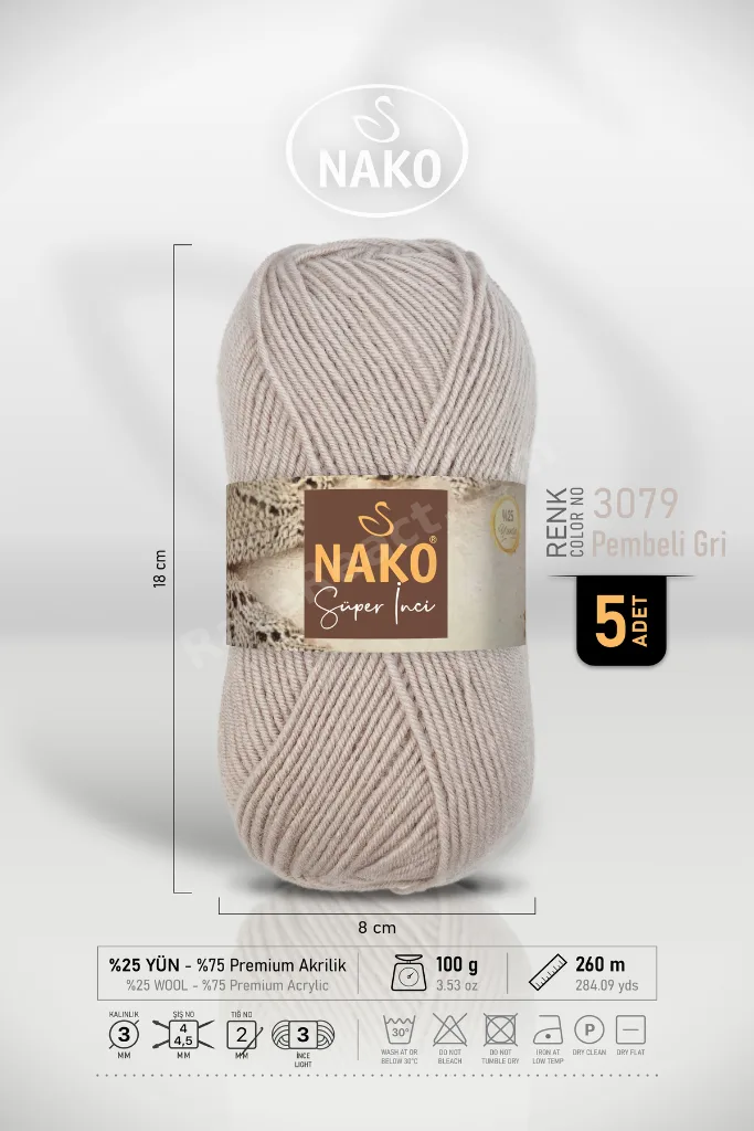 Süper İnci - 3079 Pembeli Gri - 5'li Paket - 100gr/250m - Bebek İpi - Anti Pilling Tüylenmez İp