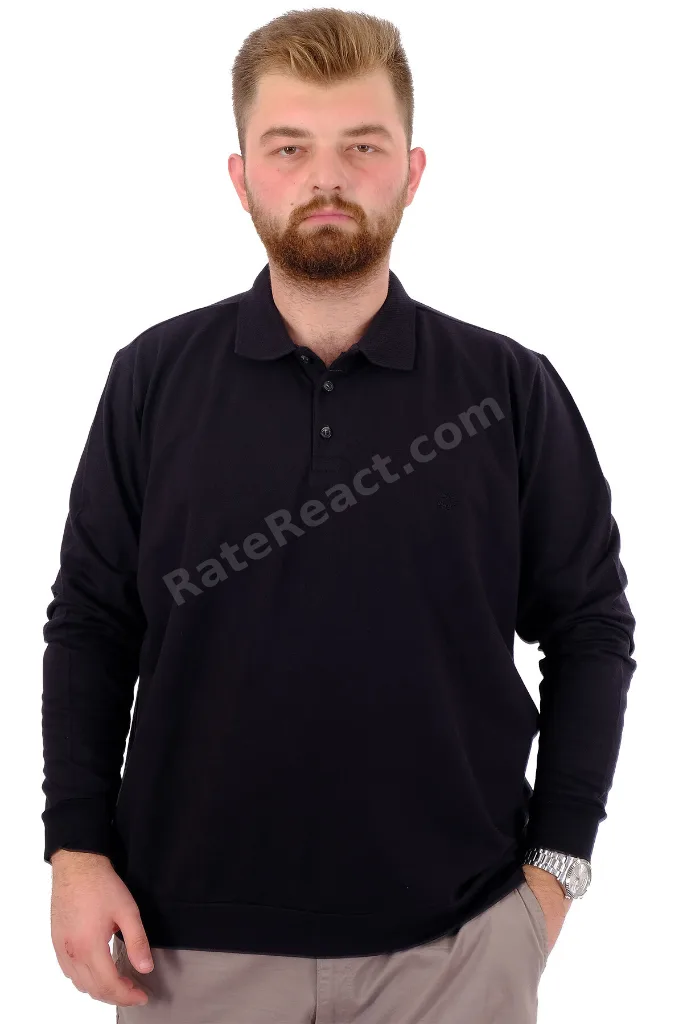 Mode XL Büyük Beden Erkek Polo Yaka Sweatshirt Nakışlı U24340 Siyah