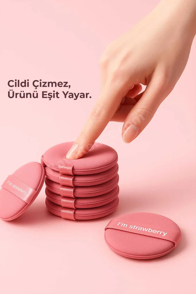 7’li Yuvarlak Pudra Pufu Makyaj Süngeri Seti Islak/Kuru Parmak Bantlı Kutulu – Strawberry Pembe
