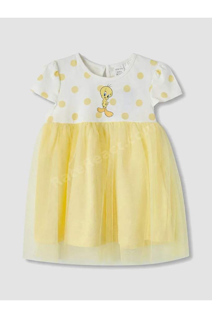 Ekru Tweety Baskılı Tüllü Kız Bebek Elbise