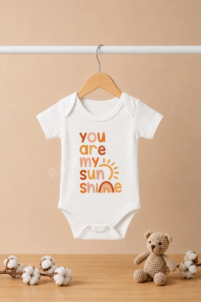You Are Sunshine Baskılı Kısa Kollu Bebek Zıbını Çıtçıtlı Body Beyaz %100 Pamuk