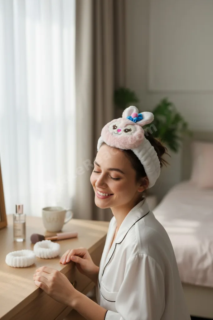 Tavşan Figürlü Makyaj Saç Bandı ve Bileklik Seti Yumuşak Spa Ve Yüz Temizleme Bandı 3’lü Set