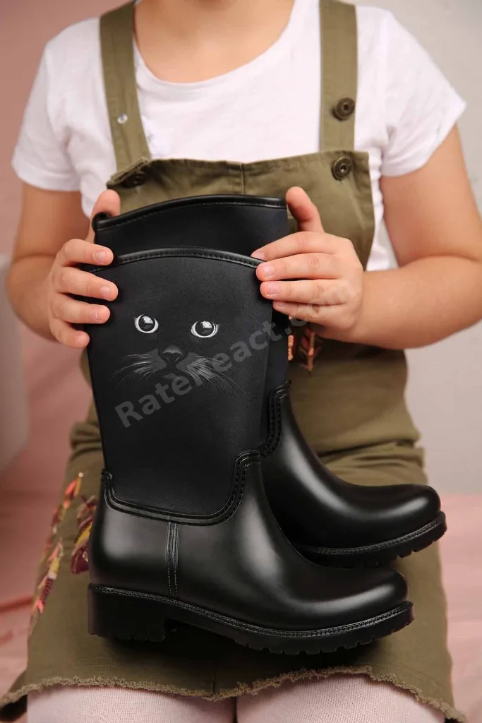 Çocuk Kedi Bıyıklı Yağmur Botu SİYAH