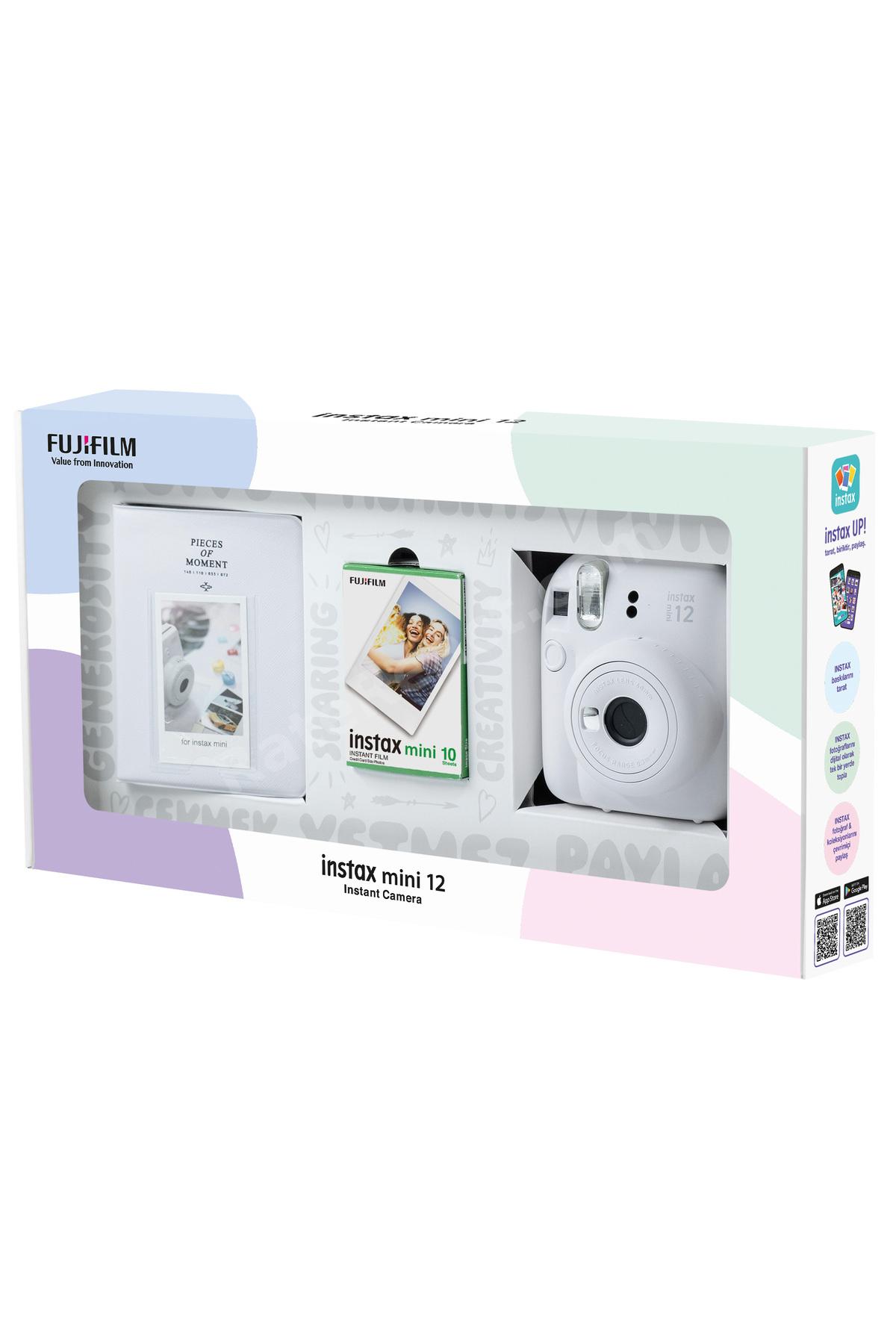 Instax mini 12 Beyaz Fotoğraf Makinesi 10'lu Film ve PVC Albüm Bundle Box