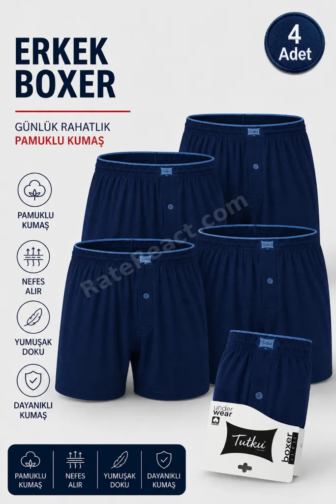 Tutku Erkek Penye Boxer Pamuklu - 4 Adet Rahat Kalıp Nefes Alan Kumaş Boxer