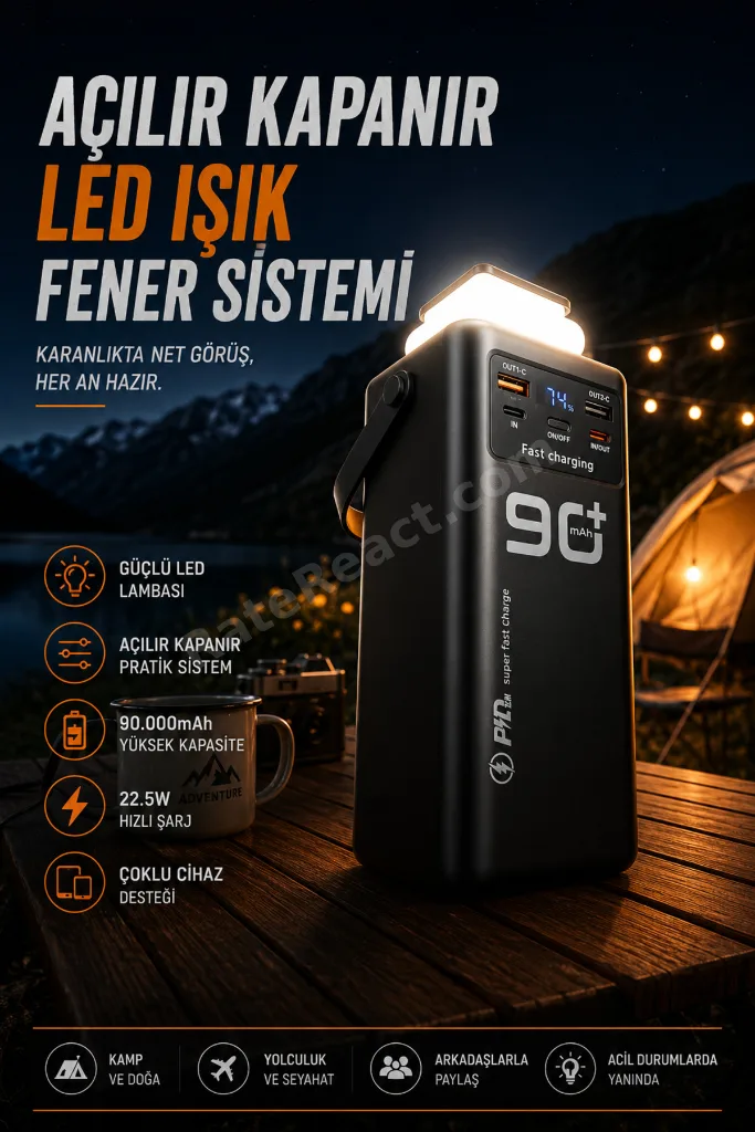 90.000 Mah 22,5W PD Hızlı Kablolu Kamp Lambası Outdoor Serisi Powerbank Fast Led Lamba