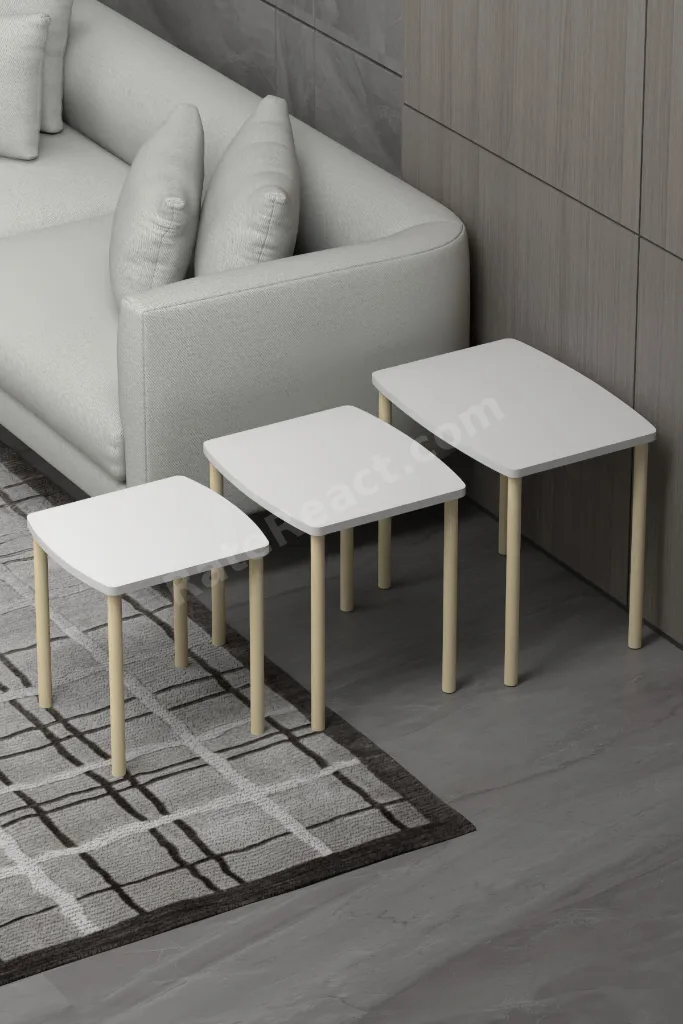 Doğal çam ağacı ayaklı geniş yüzeli modern 3lü zehpa zigon seti şık tasarım