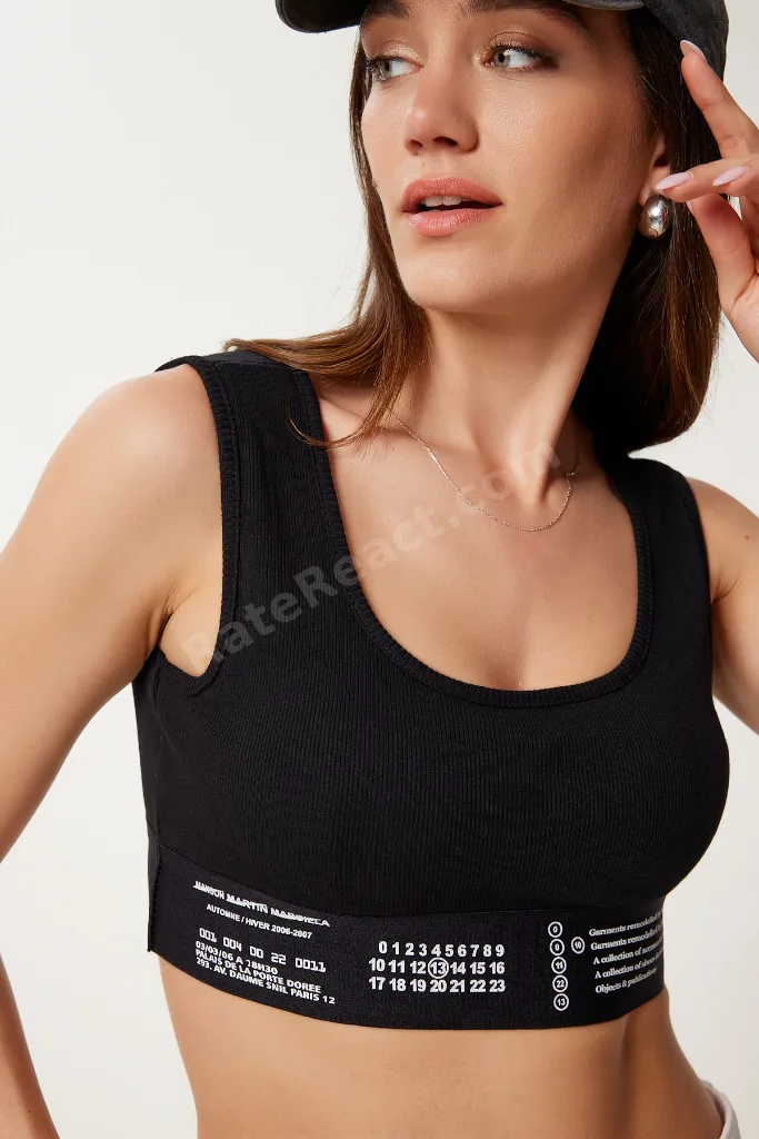 Kadın Siyah Baskılı Lastik Detaylı Fitilli Spor Sütyeni US00968