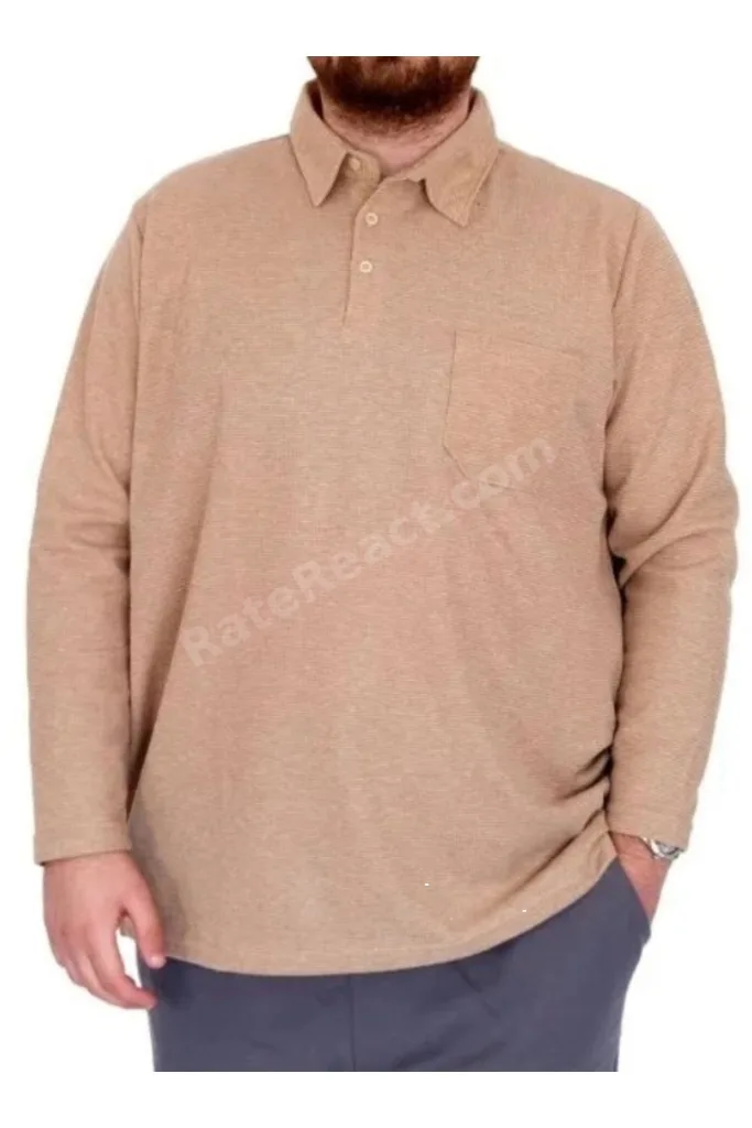Büyük Beden Erkek Sweatshirt Polo Yaka Uzun Kol WAFFLE C23449 BEJ