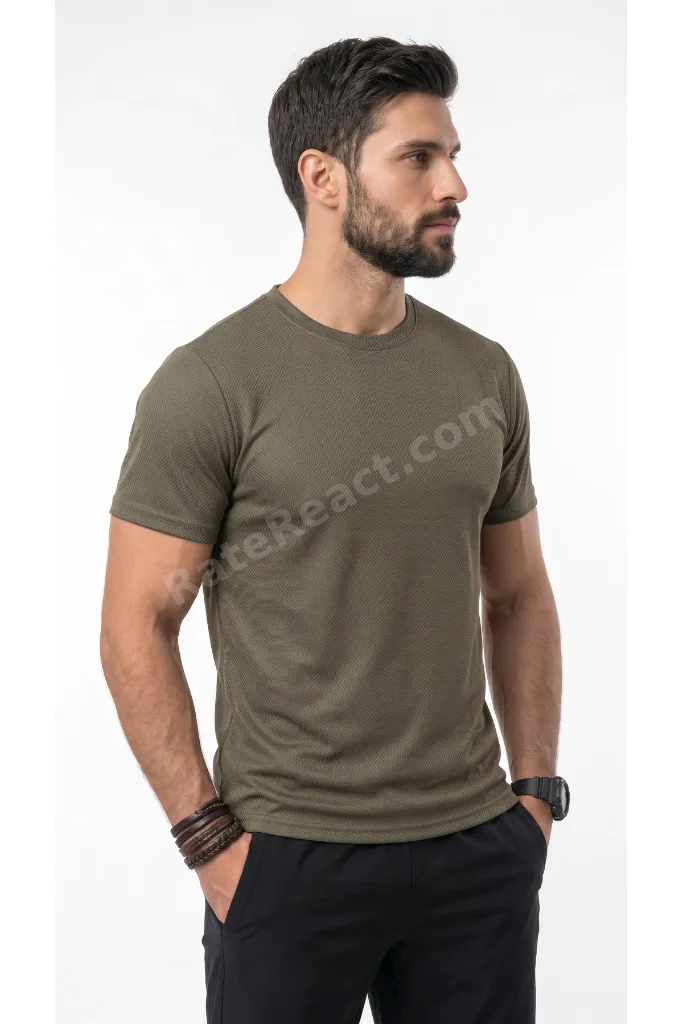 Erkek Haki Spor T-Shirt Nefes Alabilen Ter Tutmaz Çabuk Kuruyan Esnek Yapılı Hava Alan Kumaş