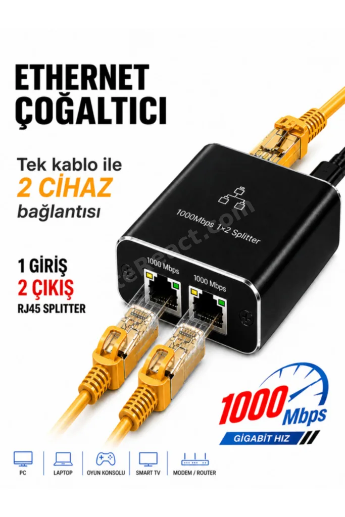 RJ45 Ethernet Splitter Gigabit 1000Mbps Cat6/7/8 İnternet Çoğaltıcı Adaptör 2 Port 1 Giriş 2 Çıkış