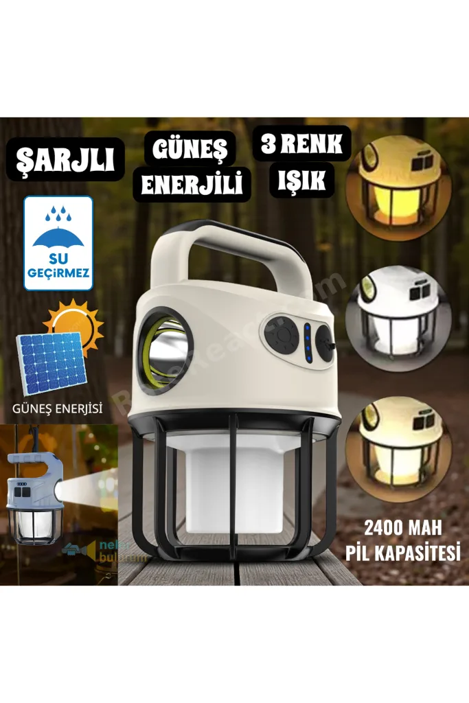 GÜNEŞ ENERJİLİ VE ŞARJLI 6 MODLU 3 FARKLI RENK IŞIKLI (BEYAZ-SARI-GÜNIŞIĞI) EL FENERİ KAMP LAMBASI