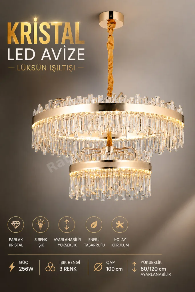 Modern (PREMIUM) Kristal Taşlı Gold LED Avize Cm 3 Renk Ayarlı Lüks Salon Yemek Odası Avizesi 256W