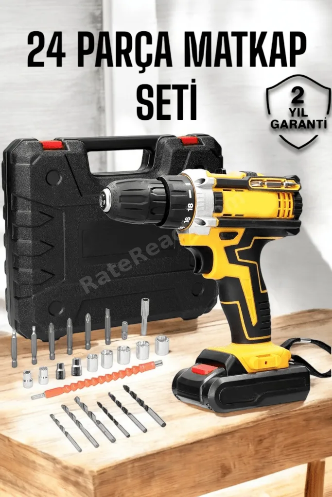 SEMEGLBL Çift Bataryalı Metal Dişli Darbeli Şarjlı Matkap Seti 24W Güç ve 24 (232854) Parça Aksesu