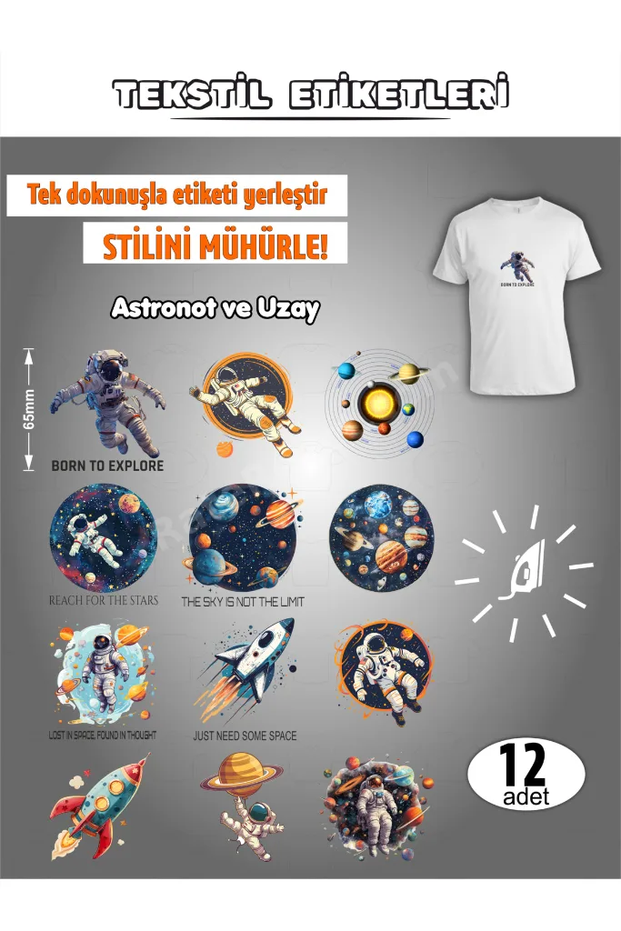 Ütü Ile Yapışan Kıyafet Etiketi Astronot Ve Uzay 12li Set