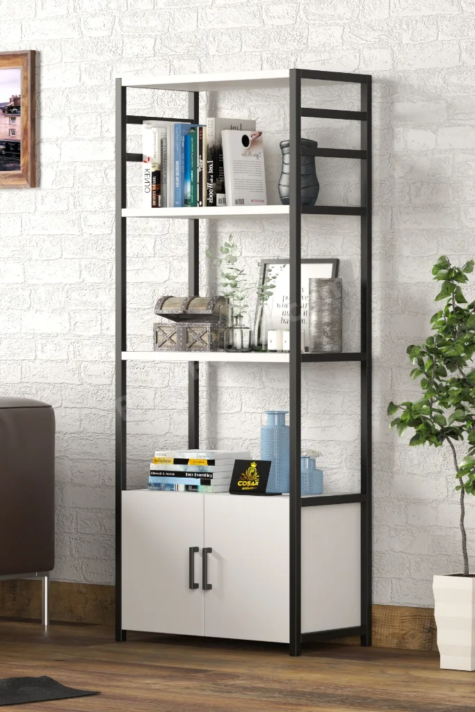 Dekoratif Çok Amaçlı Kitaplık 2 Kapaklı 4 Raflı Malzeme Dolabı Ofis Dosya Raf