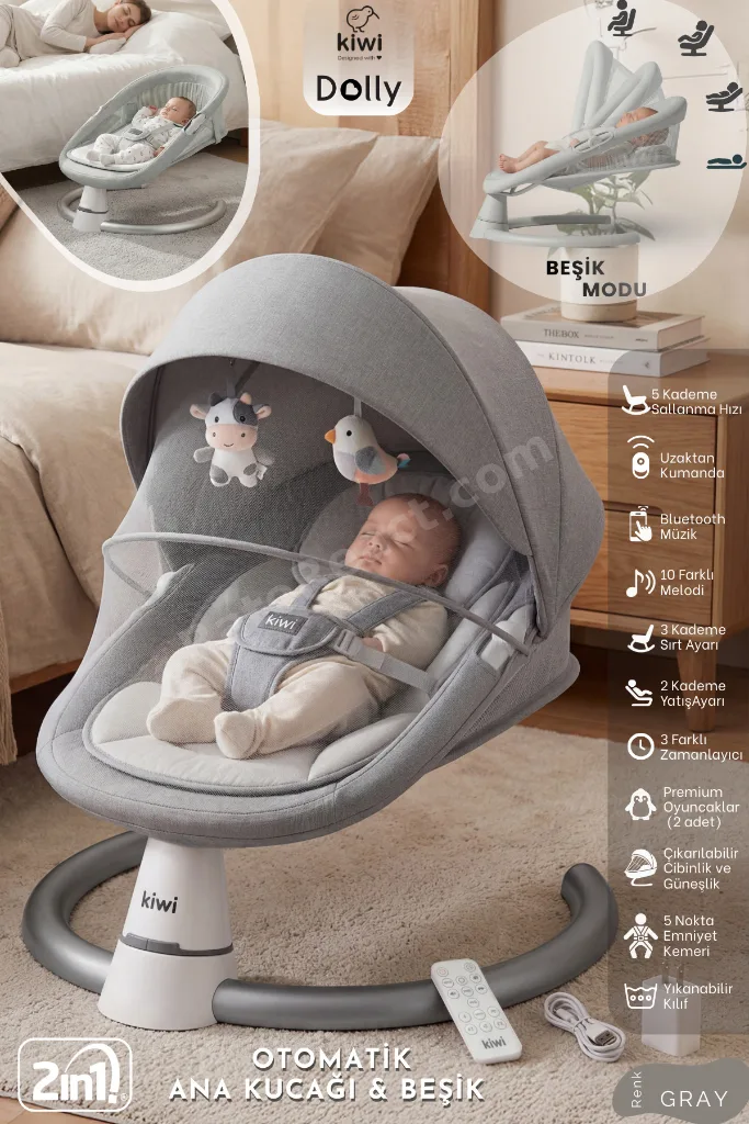 Dolly 2in1 Otomatik Sallanan Kademe Ayarlı  Beşik ve Anakucağı -Gray