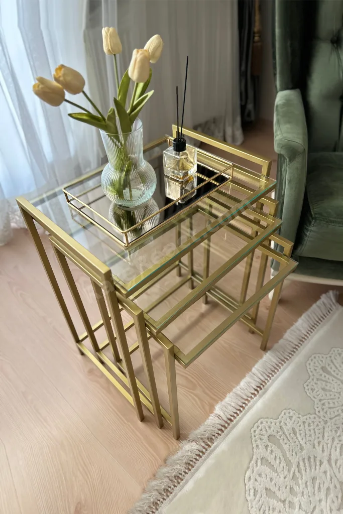 3'lü GOLD Rana Sehpa, Şeffaf Camlı, Çok Amaçlı Zigon Sehpa, Yan Sehpa, Orta Sehpa, Metal Sehpa