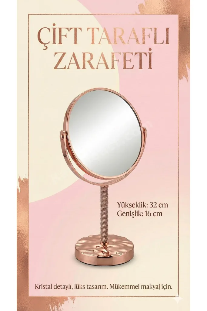 ROSE GOLD 360° Döner Ayaklı Masa Üstü Makyaj Aynası – Çift Taraflı ve Şık Tasarım 32X16 CM