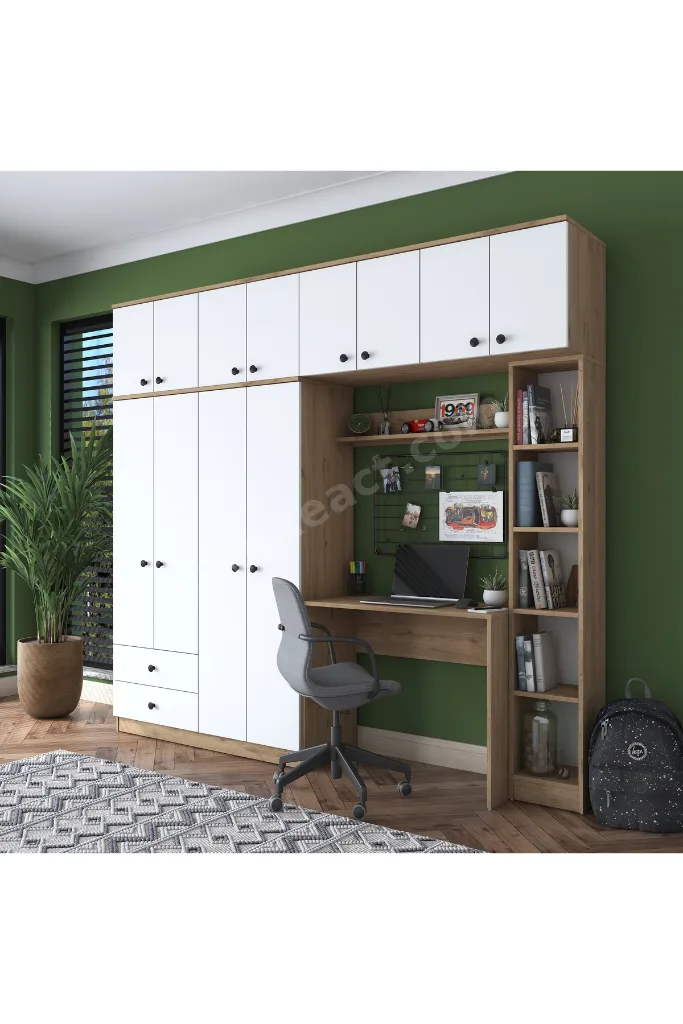 Rani Ba122 Geniş Gardırop Elbise Dolabı + Çalışma Masası + Kitaplık Sepet Ceviz - Beyaz 216 X 240 Cm