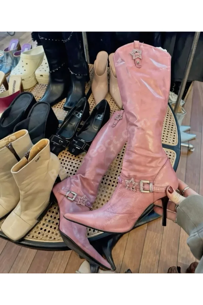 Pembe Rosé Star Kemer Detaylı Diz Altı Çizme