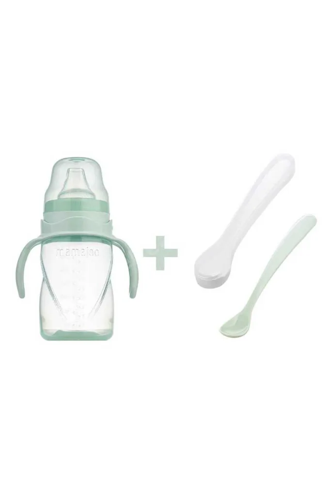 Antikolik Akıtmaz Alıştırma Bardağı 270 ml & İkili Ergonmik Beslenme Kaşığı - Powder Green