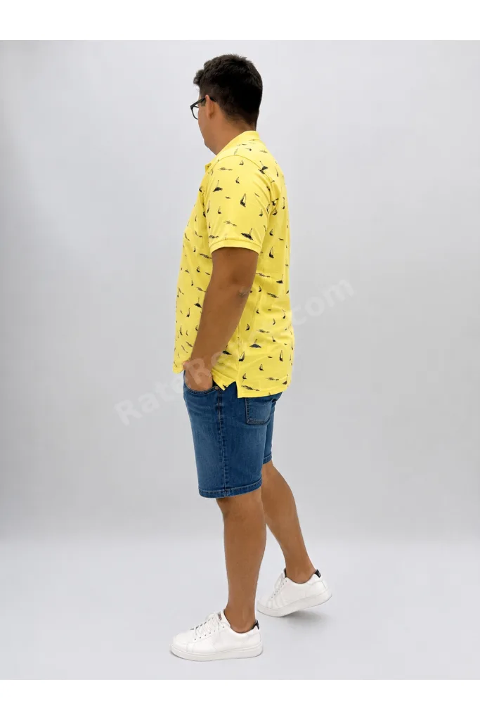 Büyük Beden Polo Yaka Düğmeli Yelken Figür Baskılı Erkek Tshirt