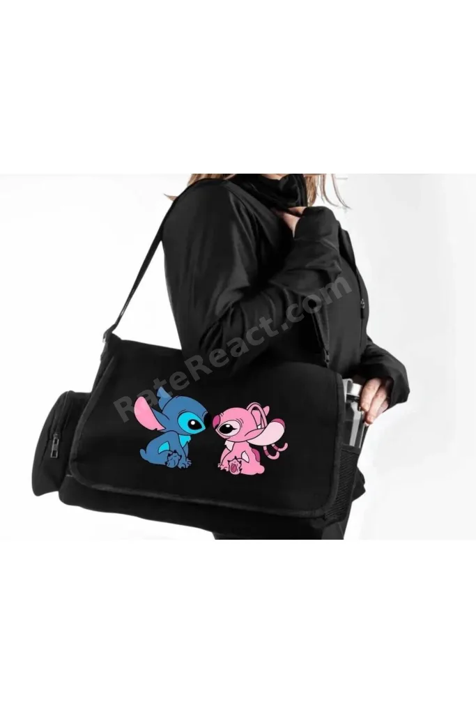 iyah Stitch Cute Couple Angel Baskılı Unisex Okul , Kurs , Dershane Postacı Çantası