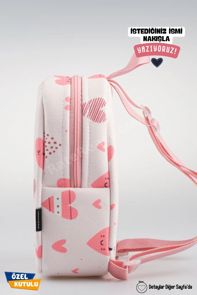 Mini Aşk Kalpleri – Pembe Kalpli Anaokulu Kreş Çocuk Çantası Kişiye Özel Nakışlı