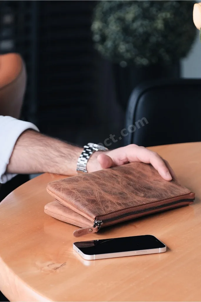 %100 Deri Unisex El Çantası - Erkek & Kadın Için Hediye - Hakiki Dana Derisi Çanta - Kahverengi/taba