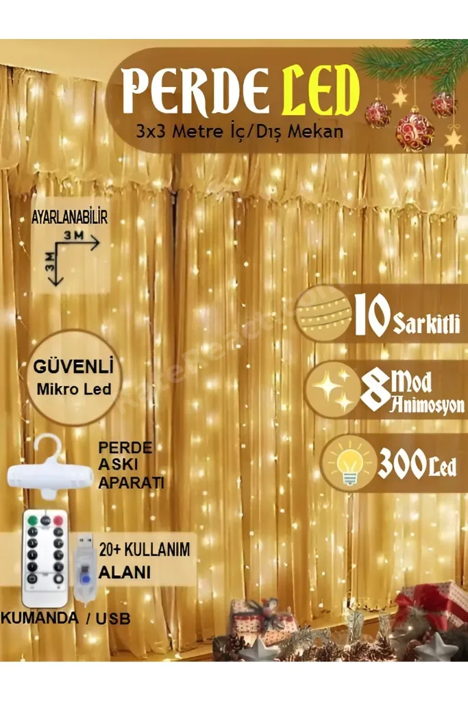 Perde Led 3x3 Kumandalı 8 Fonksiyonlu 300 Led 10 Sarkıtlı Yılbaşı Çam Ağacı Süsleme Usb Gece Lambası