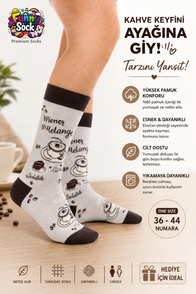 KAHVE FİNCANI DESENLİ EĞLENCELİ PREMIUM ÇORAP