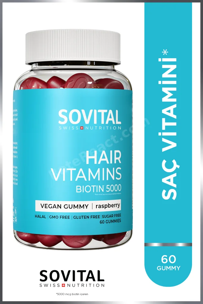 Hair Biotin 5000 mcg Ahududu Aromalı Şekersiz Çiğnenebilir Saç Vitamini 60 Gummy