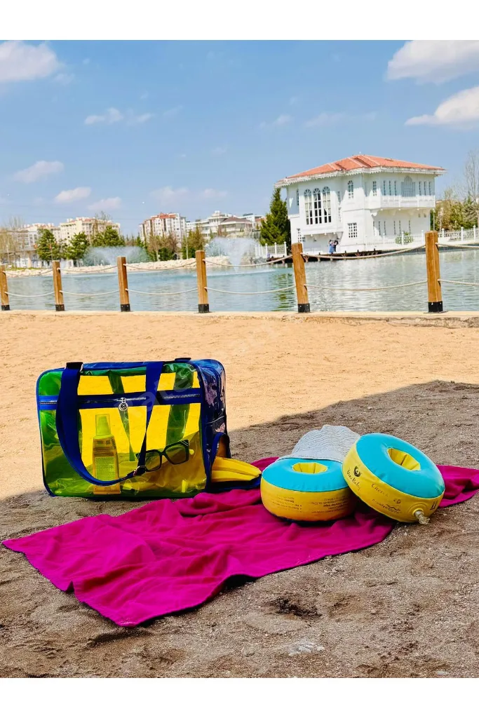 Neon Suni Deri & Renkli Şeffaf PVC Yıkanabilir Islak ve Kumlu Eşya Cebi Olan Plaj Çantası