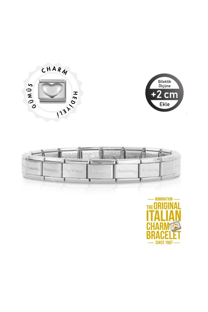 Orijinal İtalyan Charm Bileklik Kişiselleştirilebilir Çelik -Gümüş Kalp Charm Hediyeli Made in Italy