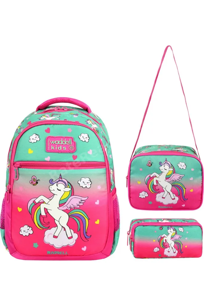 Lisanslı Fuşya Unicorn Desenli İlkokul Çantası Beslenme Çantası ve Kalemlik