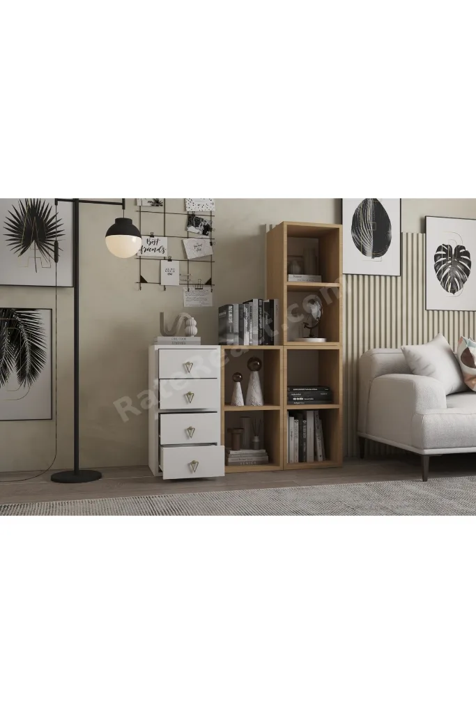 Meşe Beyaz Kitaplık ve 4 Çekmeceli Çok Amaçlı NRG-KTP-1050