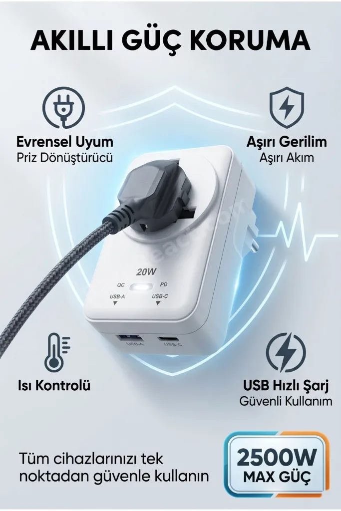 20WPD Hızlı Şarjlı Akım Korumalı Evrensel Priz Dönüştürücü Beyaz USB-C & USB-A Çıkışlı 2500W
