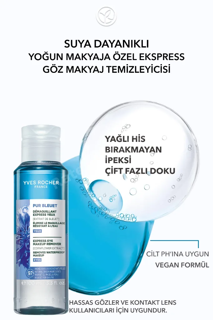 Tüm Ciltler, Çift Fazlı/Yoğun Makyaja Özel, Rahatlatıcı Göz Makyaj Temizleyici-Pur Bleuet-100ml