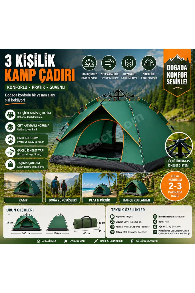 ÇİFT KAPILI OTOMATİK KURULUM KAMP ÇADIRI 3 KİŞİLİK KOLAY KURULUM PİKNİK PLAJ ÇADIR 200X150X125cm