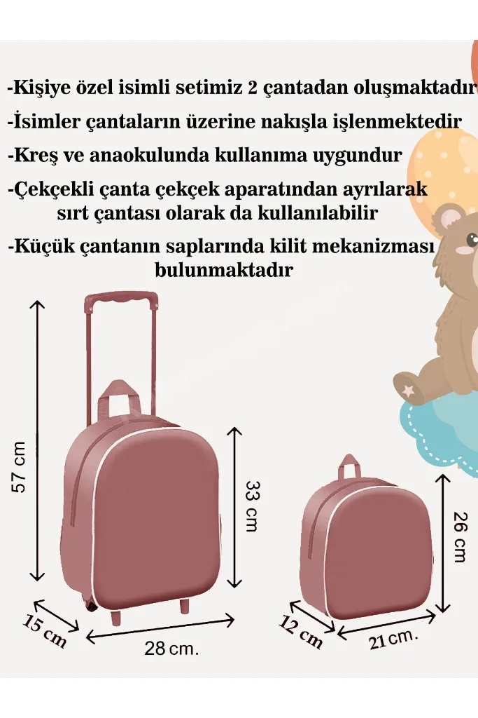Kişiye Özel İsimli Çekçekli Çanta ve Sırt Çantası Anaokulu/Kreş Seti (2'li Set) Uzay 2-6 Yaş