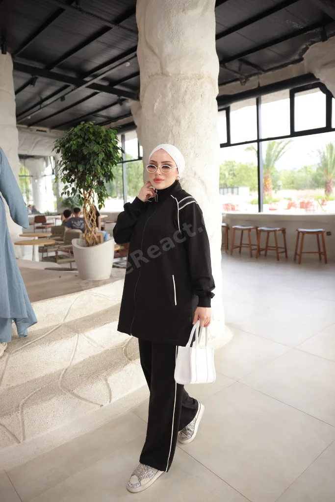 Kadın Fermuarlı Ve Şerit Detaylı Tesettür Eşofman Takımı - İkili Spor Takım