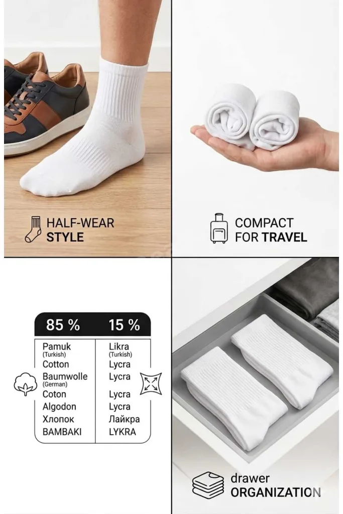 12 Li Pamuklu Ribanalı Yarım Konç Konfor Çorabı - Pamuk & Likralı -Unisex