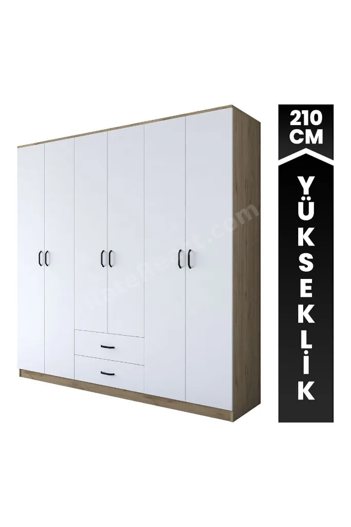 Rani Ba111 Geniş Gardırop Elbise Dolabı 6 Kapaklı 2 Çekmeceli 5 Raflı 3 Askılı Sepet Ceviz - Beyaz