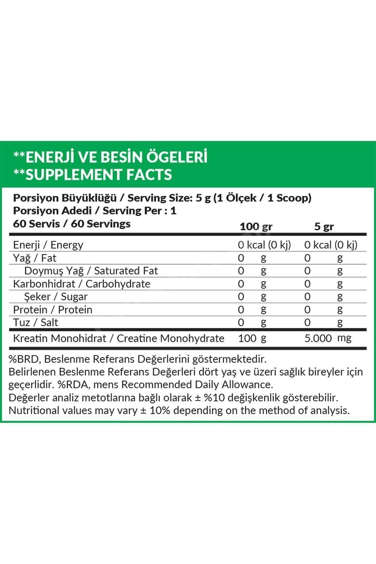 %100 Micronized Creatine Monohydrate 300 Gr 60 Servis 1 Serviste 5 Gr Kreatine