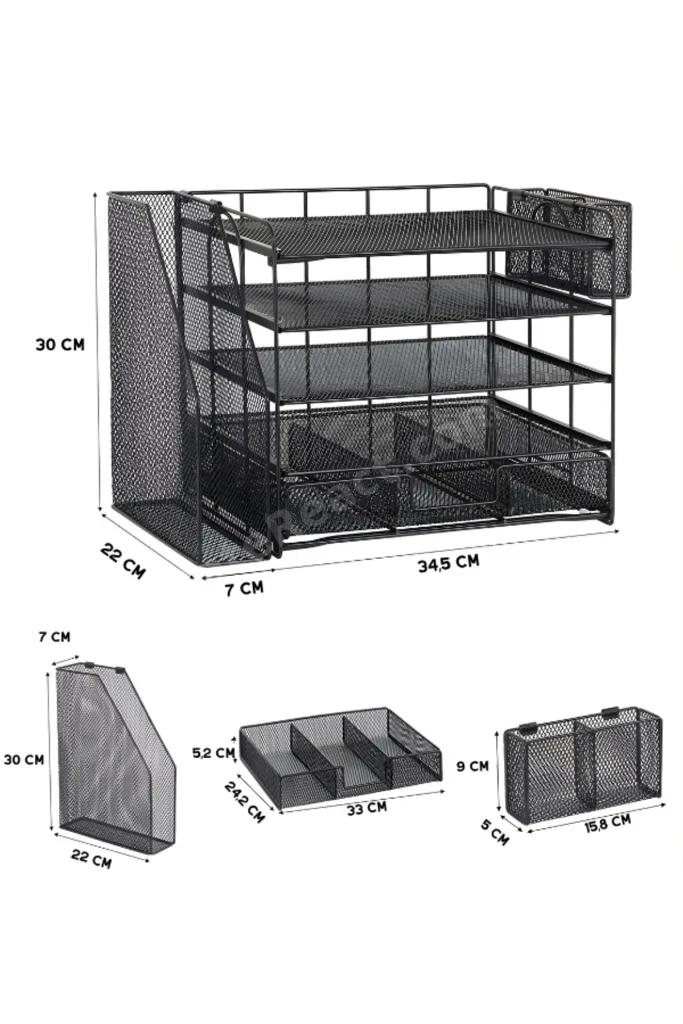 Siyah Metal Mesh 4 Katlı Masaüstü Organizer Dosyalık Çekmeceli Kalemlikli 34.5x22x30 cm 9209