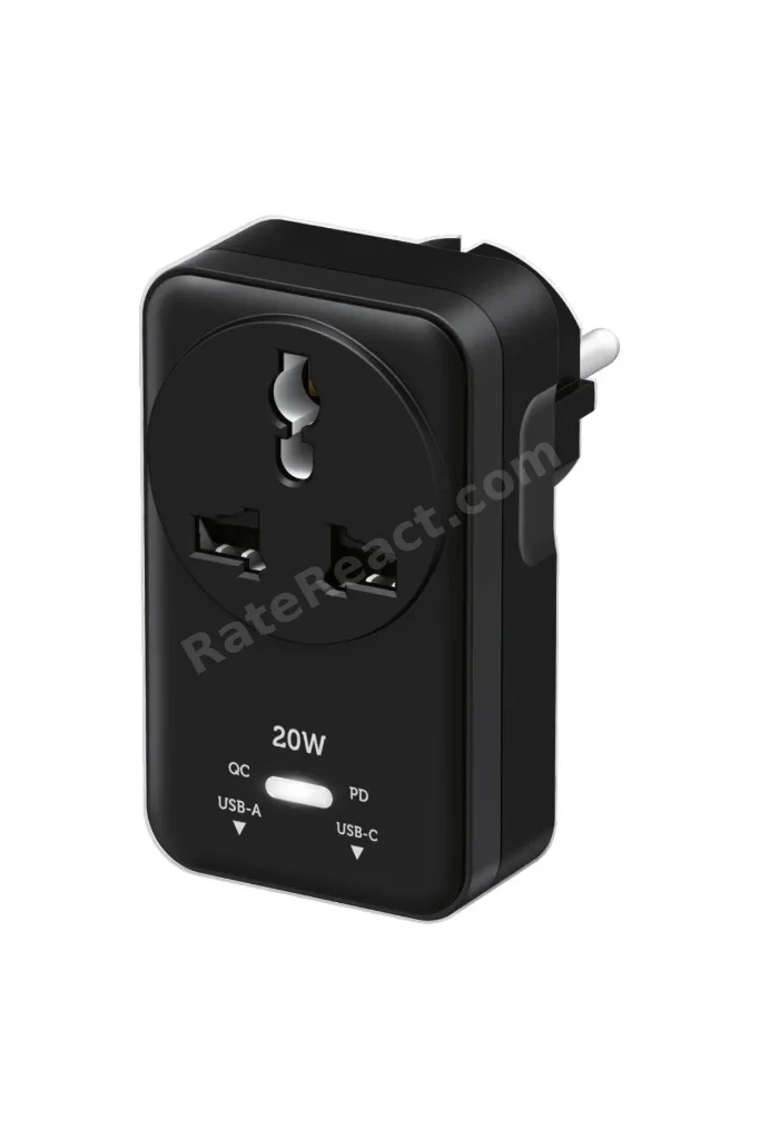 20WPD Hızlı Şarjlı Akım Korumalı Evrensel Priz Dönüştürücü Siyah USB-C & USB-A Çıkışlı 2500W