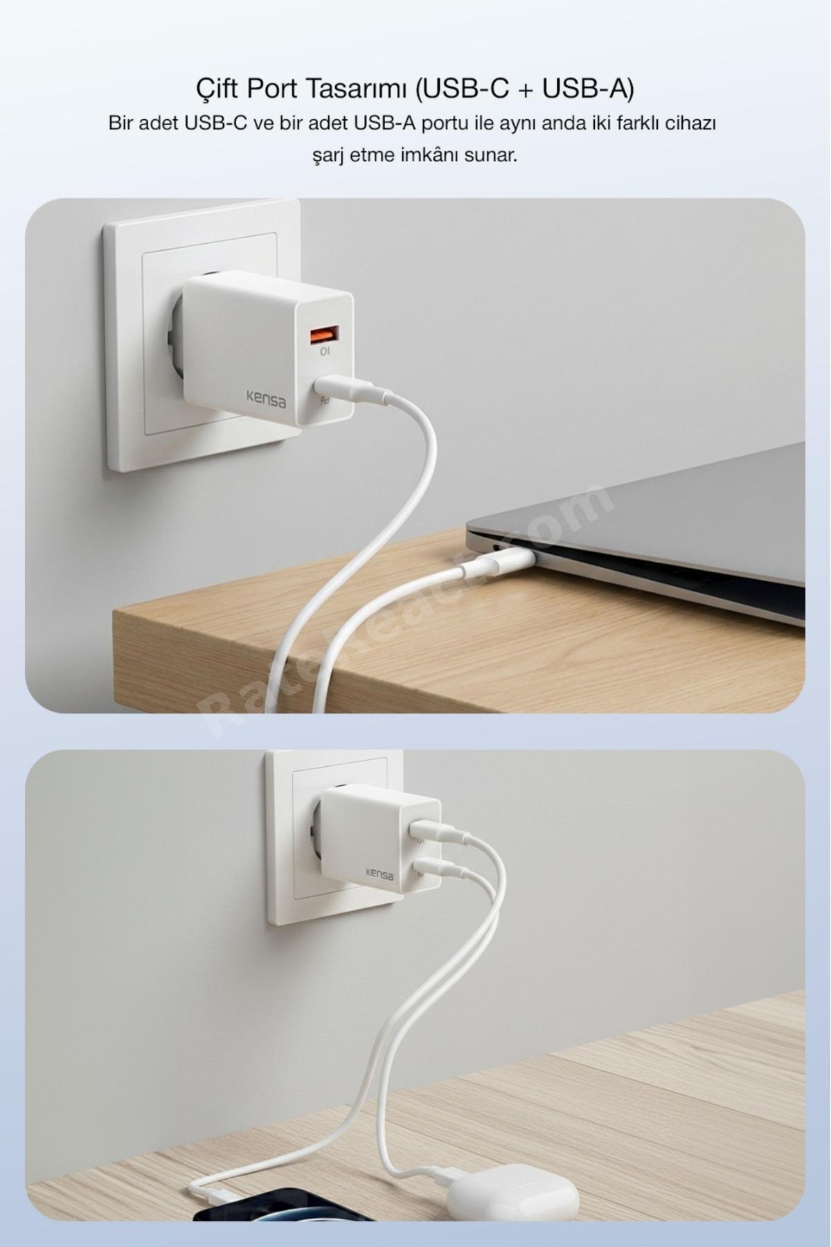 50W PD Çift Çıkışlı Hızlı Şarj Başlığı – USB-C + USB-A, Akıllı Güvenlik Çipli
