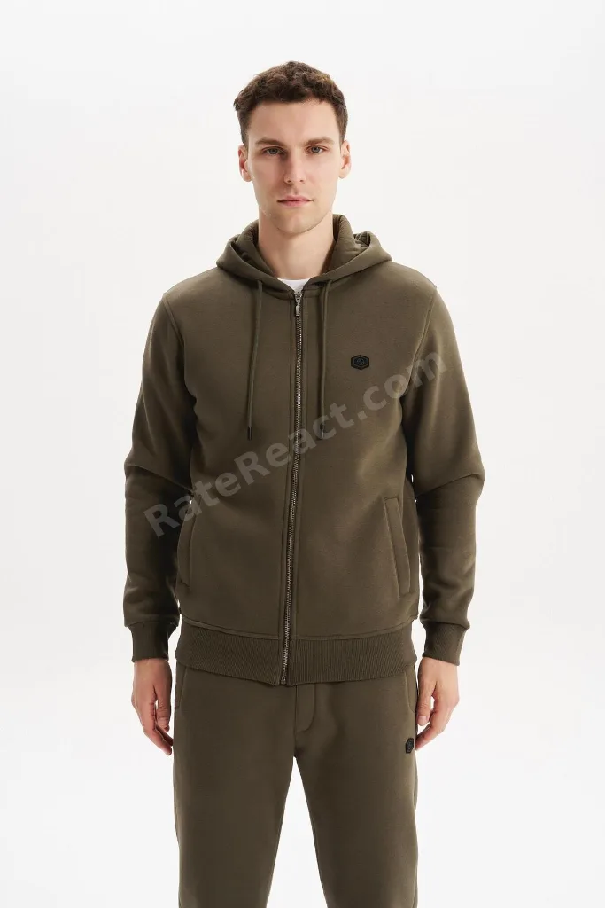 Ar-ma Erkek Tam Fermuar Sweatshirt Basic Baskisiz Kapşonlu Fleto Cepli Büyük Beden Şardonlu Üç İplik
